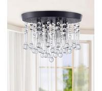 Pendant Lights, 4 Lights Flush Mount Ceiling Light Crystal Chandelier French Round Light Fixture with Crystal Accents Pendant(Black)