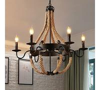 Pendant Lights, Rustic 6 Heads Round Wrought Iron Chandelier Ceiling Drop Light Compatible with Living Room Wagon Wheel Hanging Lamp Compatible with Study Twine Pendant Lamp Compatible with Ais