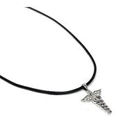Pendente caduceo in argento con zirconia cubica su collana in similpelle, lunghezza 41 cm, Argento sterling