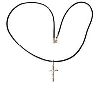 Pendente Croce Argento di Legge Rilievo Da 25mm E Cuoio Naturale 50cm Con 925