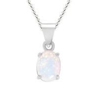 Pendente Ovalo In Opale Creato Bianco Argento 8x6mm Con Catena Da 18"