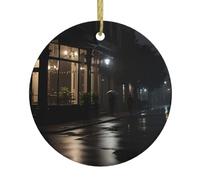Pendente rotondo in ceramica con motivo di scena di strada piovosa - Decorazione da appendere all'albero di Natale e al caminetto