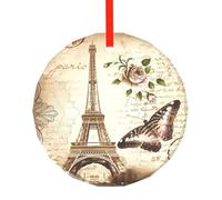 Pendente rotondo in vetro con stampa a forma di farfalla e torre Eiffel di Parigi, in stile vintage, per albero di Natale, decorazione per vacanze, casa, ufficio e feste