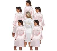 PENGEE Set di 6 accappatoi da donna in raso per festa di nozze set sposa damigella d'onore kimono set addio al nubilato Prepararsi Accappatoio setoso, Rosa e bianco, taglia unica
