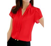 PengGeng Donne Casuale Tinta Unita Ol Camicetta Elegante Manica Corta Ufficio Camicia T-Shirt Rosso L