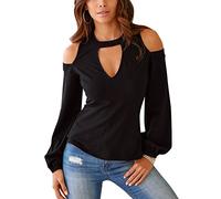 PengGeng Donne Elegante Slim Manica Lunga Camicette Spalla Nuda Girocollo Maglie Nero M