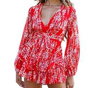 PengGengA Abito con volant da donna, maniche a 3/4, elegante tunica plissettata, casual, corto, svasato, floreale, con scollo a V, per cocktail e vacanze