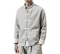 PengGengA Camicia Uomo Cotone Cinese Tradizionale in Lino E Tai Chi Kung Fu con Collo A Rana Grigio XL