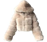 PengGengA Cappotto di Pelliccia Sintetica da Donna Morbido Cappotto di Peluche con Cappuccio Cardigan in Pelliccia Sintetica Giacca Corta Crop Top Manica Lunga - Beige, L