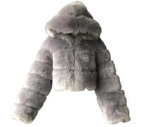 PengGengA Cappotto di Pelliccia Sintetica da Donna Morbido Cappotto di Peluche con Cappuccio Cardigan in Pelliccia Sintetica Giacca Corta Crop Top Manica Lunga - Grigio, S