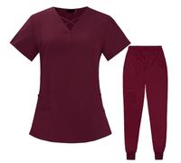 PengGengA Set Scrub per Donna Tuniche Sanitarie e Bellezza Manica Corta Top Polsini a Coste Tasche dei Pantaloni (Vino Rosso, XL)
