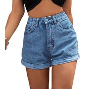 PengGengA Shorts in Denim da Donna a Vita Alta Pantaloncini Donna Jeans Pantaloncini retrò Estivi Orlo Risvoltato Cucito