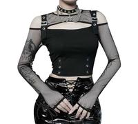 PengGengA Top Corto Gotico Punk Donna Maglia Nera in Rete a Maniche Lunghe Moda Alternativa Emo Y2K Harajuku Streetwear