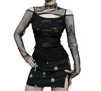 PengGengA Top Gotico Donna a Maniche Lunghe in Rete Maglia Punk Sexy con Spalle Scoperte, Design Strappato e Inserti in Mesh