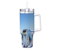 Penguin Antarctica Ice - Bicchiere con manico e cannuccia, isolamento sottovuoto, in acciaio inox, a doppia parete, elegante, da viaggio, con supporto per tazza da caffè, per donne e uomini