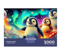 Penguin Couple Jigsaw Puzzles for Adult The Impossible Challenge 1000 Pieces Puffins Cosmic Starry Backdrop Difficult Hard Jigsaw Puzzles for Man And Woman with Letters on Back 38x26cm/1000pcs