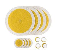 Penguin Home® - Set di 12 tovagliette, sottobicchieri e portatovaglioli con perline di vetro, colore giallo e bianco, tovagliette rotonde, realizzate a mano da abili artigiani indiani, diametro 32 cm
