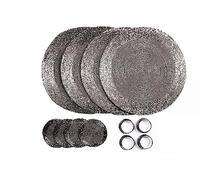 Penguin Home® - Set di 12 tovagliette, sottobicchieri e portatovaglioli con perline in vetro, colore argento antico, tovagliette rotonde, realizzate a mano da abili artigiani indiani, diametro 32 cm