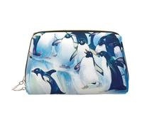 Penguins on Iceberg Borsa per il trucco stampata per le donne Borsa per il trucco portatile in pelle borsa da viaggio con cerniera dorata borse cosmetiche organizer, Pinguini su Iceberg, One Size