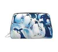 Penguins on Iceberg, piccola borsa per il trucco in pelle con stampa di pinguini su iceberg, borsa da viaggio per cosmetici, organizer per donne, Argento, One Size, Astuccio per trucchi