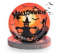 Penitue 24pz Piatti Carta Halloween, 22,5x1,5cm Piatti Tema Horror Non Riutilizzabile con Zucca Pipistrello Cappello da Strega Spaventapasseri Tomba Elementi per Feste Halloween(Arancione e Nero)