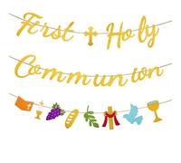 Penitue Striscione Prima Comunione, Oro Glitter Croce Religiosa Dio ti Benedica Cartello il Battesimo Pre-Infilato Decorazione Striscioni Feste per Bambini Cristiani Maschi e Femmine Baby Shower