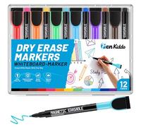 PENKIDDO Pennarelli Lavagna Bianca Cancellabile, 12 Colori Pennarelli Lavagna Magnetica con Punta Fine e Gomma, Whiteboard Markers Asciugatura Rapida a Basso Odore per Casa Scuola Ufficio
