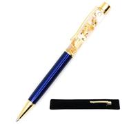 Penna a foglia d'oro blu profondo con custodia in velluto, regalo originale e chic, vera foglia d'oro galleggiante, inchiostro nero, penna a sfera retrattile