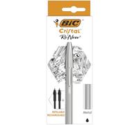 BIC Cristal Re'New, Penna Ricaricabile Nera a Sfera, Fusto in Metallo Punta 1mm, Confezione 1 Penna + 2 Ricariche Bic Crista