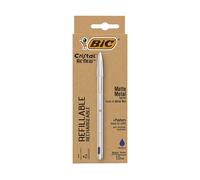 BIC Cristal Re'New, Penna Ricaricabile Blu a Sfera, Fusto in Metallo Punta 1mm, Confezione 1 Penna + 2 Ricariche Bic Cristal