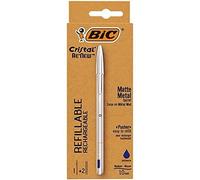 BIC Cristal Re'New, Penna Ricaricabile Blu a Sfera, Fusto in Metallo Punta 1mm, Confezione 1 Penna + 2 Ricariche Bic Cristal