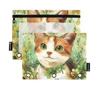 Penna con finestra trasparente cartone animato carino marrone gatto di San Patrizio cerniera astuccio con cerniera occhielli rinforzati 3 anelli raccoglitore per forniture per ufficio multicolore 2
