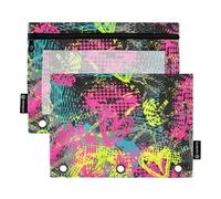 Penna con finestra trasparente colorata trendy hip personalizzato graffiti tessuto matita caso grande capacità 3 anelli per scuola, ufficio e casa multicolore 2 pezzi