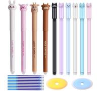 Penna Gel Cancellabile, 10 Pcs Penna Gel A Sfera Cancellabile A Forma Animale Con 20 Ricariche E 4 Gomme, Regalo Di Cancelleria, Cute Cartoon Per Bambini Studenti Adulti (Nero, Blu)