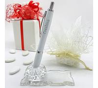 Penna in metallo bianco con dettagli cromati e scritta in argento "Cresima" accompagnato da portapenne in vetro, bomboniere fai da te ragazzo o ragazza.(Confezione con Sacchetto Portaconfetti)