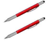 Penna multifunzione 6-in-1 (confezione da 2) - Livella a bolla, righello, avvitatore (Phillips/piatto), stilo capacitivo per smartphone/tablet, impugnatura zigrinata - Regali originali per uomo (rosso