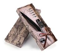 Penna piuma d'oca 5 punte di ricambio + bottiglia di inchiostro a immersione Penna a immersione retrò Confezione regalo(Retro black)