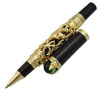 Penna Roller Jinhao Dragon, Drago d'oro che gioca a botte di perle, Gioielli verdi sulla parte superiore con piccola borsa per penne