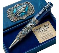 Penna Shark Apex Predator - Penna robusta a tema marino con incisioni di onde 3D e dettagli argentati; regalo originale per collezionisti e appassionati di vita marina (#B)