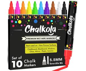 Pennarelli a gesso liquido - Confezione da 10 pennarelli fluorescenti colorati. Da utilizzare su lavagne bianche, lavagne tradizionali, finestre, vetro. Punta rotonda da 6 millimetri con d’inchiostro