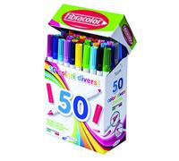 Pennarelli Bipunta 544 FIBRACOLOR, scatola compact 50 pezzi, 50 colori diversi, punta conica e punta fine, doppio tratto di scrittura, superlavabili