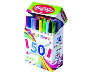 Pennarelli Bipunta 544 FIBRACOLOR, scatola compact 50 pezzi, 50 colori diversi, punta conica e punta fine, doppio tratto di scrittura, superlavabili