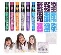 Pennarelli per pittura per il viso, Penne per pittura per il viso - Pastelli per e corpo a 6 colori a base d'acqua con 9 stencil | Kit di per trucco fantasia lavabile, sicuro per