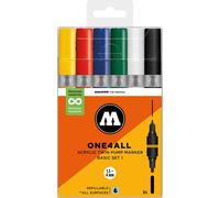 Molotow One4All Acrylic Twin Marker Basic Set 1 (1,5 e 4,0 mm di spessore, altamente coprente e permanente, ad asciugatura rapida, ricaricabile, per quasi tutte le superficie), 6 pezzi assortiti