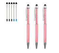 Penne a sfera 3 pezzi 2 in 1 Bling Crystal Diamond Pen Touch Screen capacitivo stilo con ricariche di ricambio Nero Blu Inchiostro Gomma Punte per iPhone iPad Kindle Dispositivi Touchscreen (Rosa)