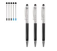 Penne a sfera 3 pezzi 2 in 1 Bling Crystal Diamond Pen Touch Screen capacitivo stilo con ricariche di ricambio Nero Blu Inchiostro Gomma Punte per iPhone iPad Dispositivi (Nero)