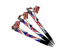 Penne a sfera con ciondolo bus rosso, motivo a Union Jack e clip in argento, souvenir da collezione di Londra, confezione da 3 penne
