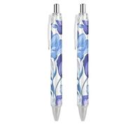 Penne a sfera con stampa di fiori viola, penna a sfera retrattile, inchiostro blu, scrittura liscia, penna da lavoro, 2 pezzi