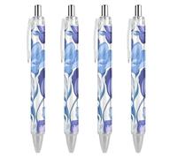 Penne a sfera con stampa di fiori viola, penna a sfera retrattile, inchiostro blu, scrittura liscia, penna da lavoro, 4 pezzi