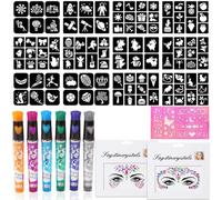 Penne Glitter Tatuaggi per Bambini con 6 Pennarelli Glitter, 16 Stencil Carini, 2 Glitter Viso, Festa Giocare Disegnare Tatuaggi Bambini, Gadget Compleanno Bambina, Regalo Bambina 5 6 7 8 9 Anni